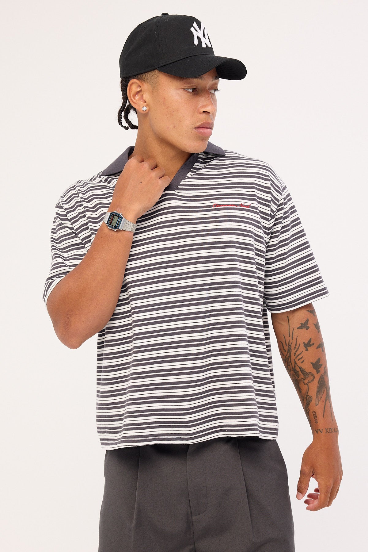 Common Need Porto Boxy Cropped Polo Dark Grey Stripe