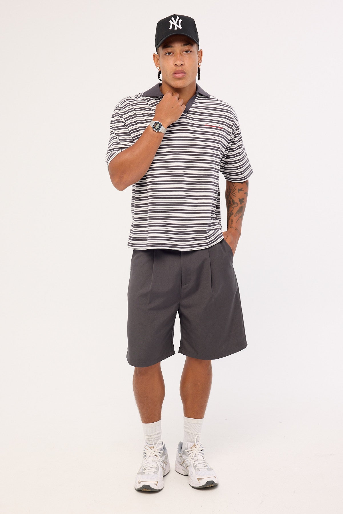 Common Need Porto Boxy Cropped Polo Dark Grey Stripe