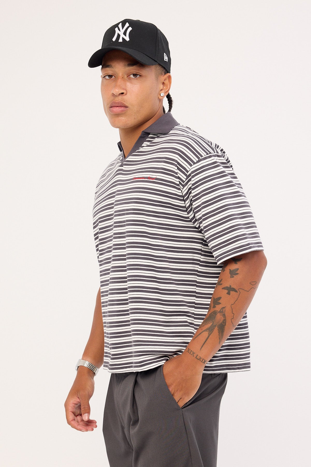 Common Need Porto Boxy Cropped Polo Dark Grey Stripe