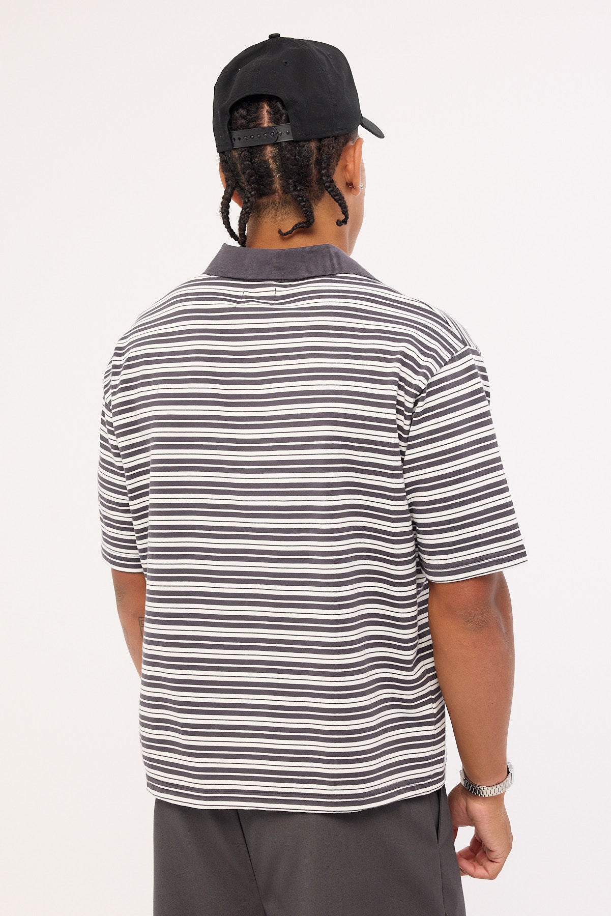 Common Need Porto Boxy Cropped Polo Dark Grey Stripe