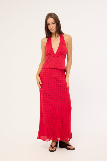 Luck + Trouble Lorelai Polka Maxi Skirt Red Print