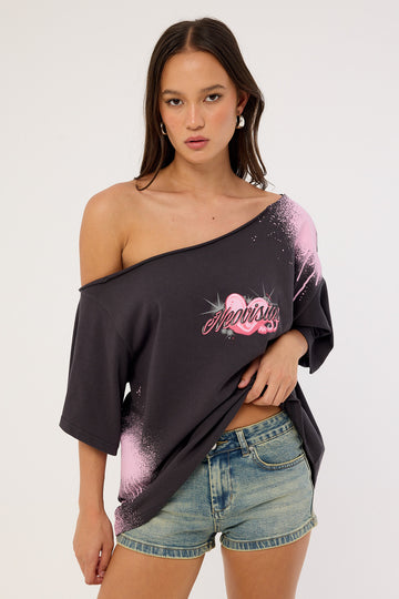 Neovision Digi Off Shoulder Relaxed Tee Washed Black