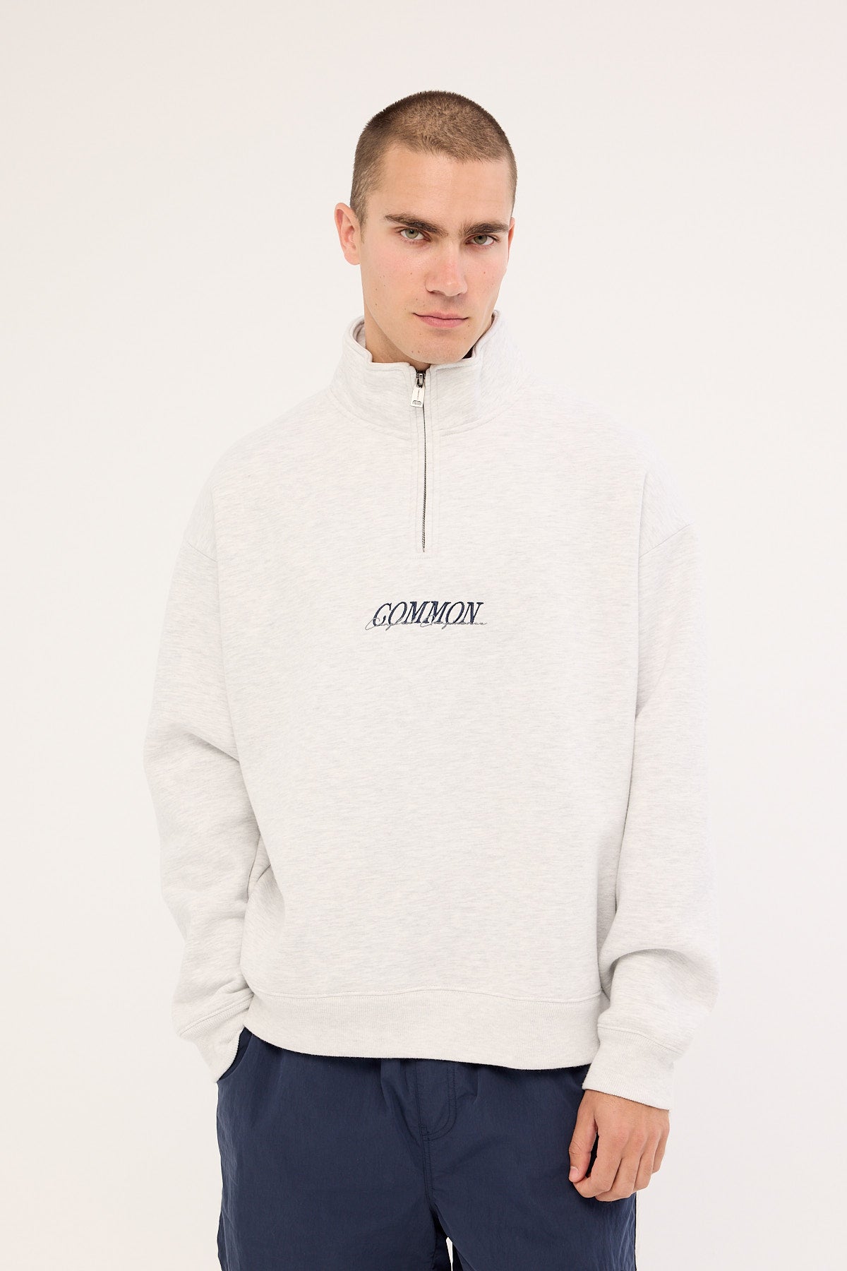 Common Need Slant Quarter Zip Sweater Snow Marle