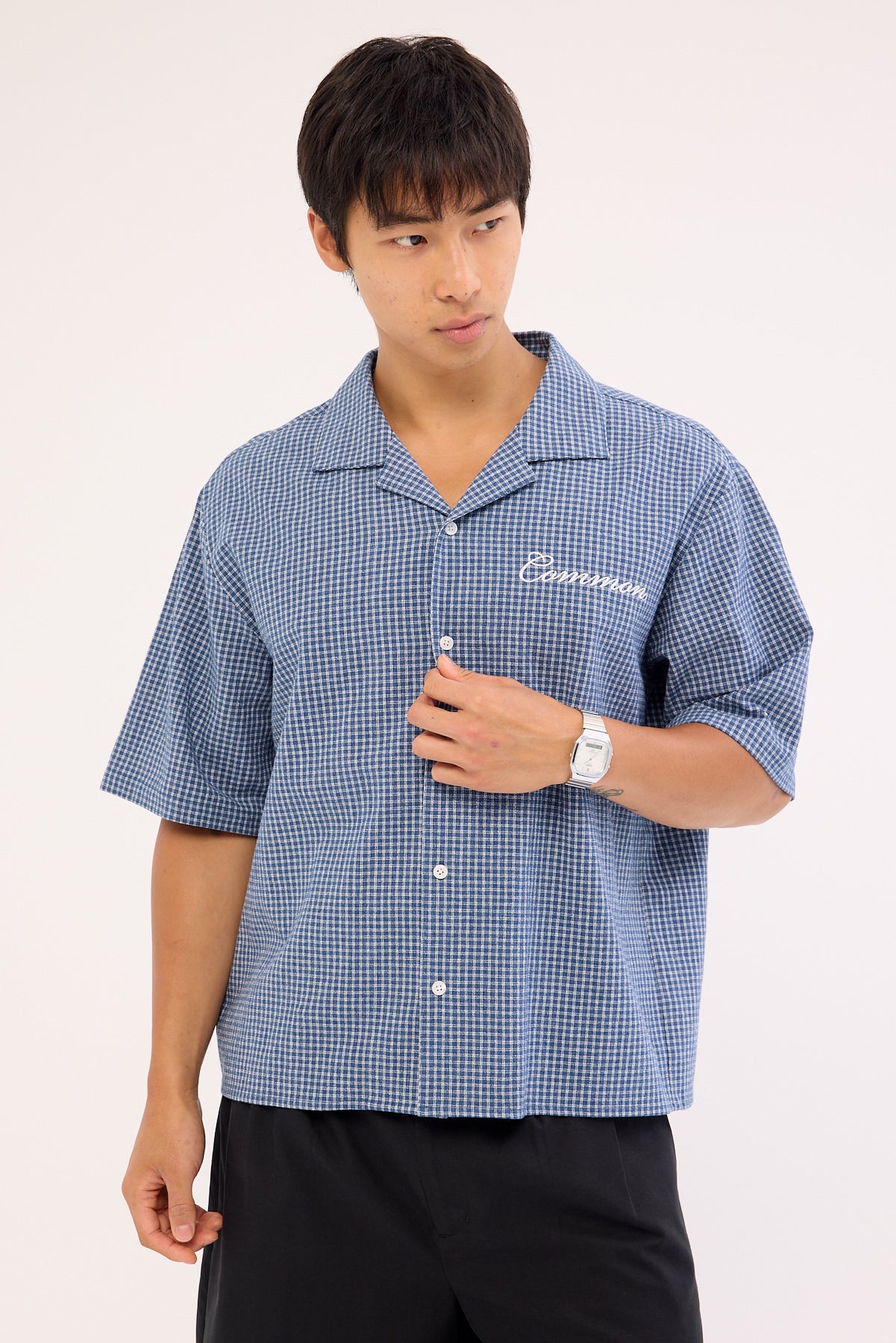 Common Need Flintmore Boxy Cropped Resort Shirt Blue Check