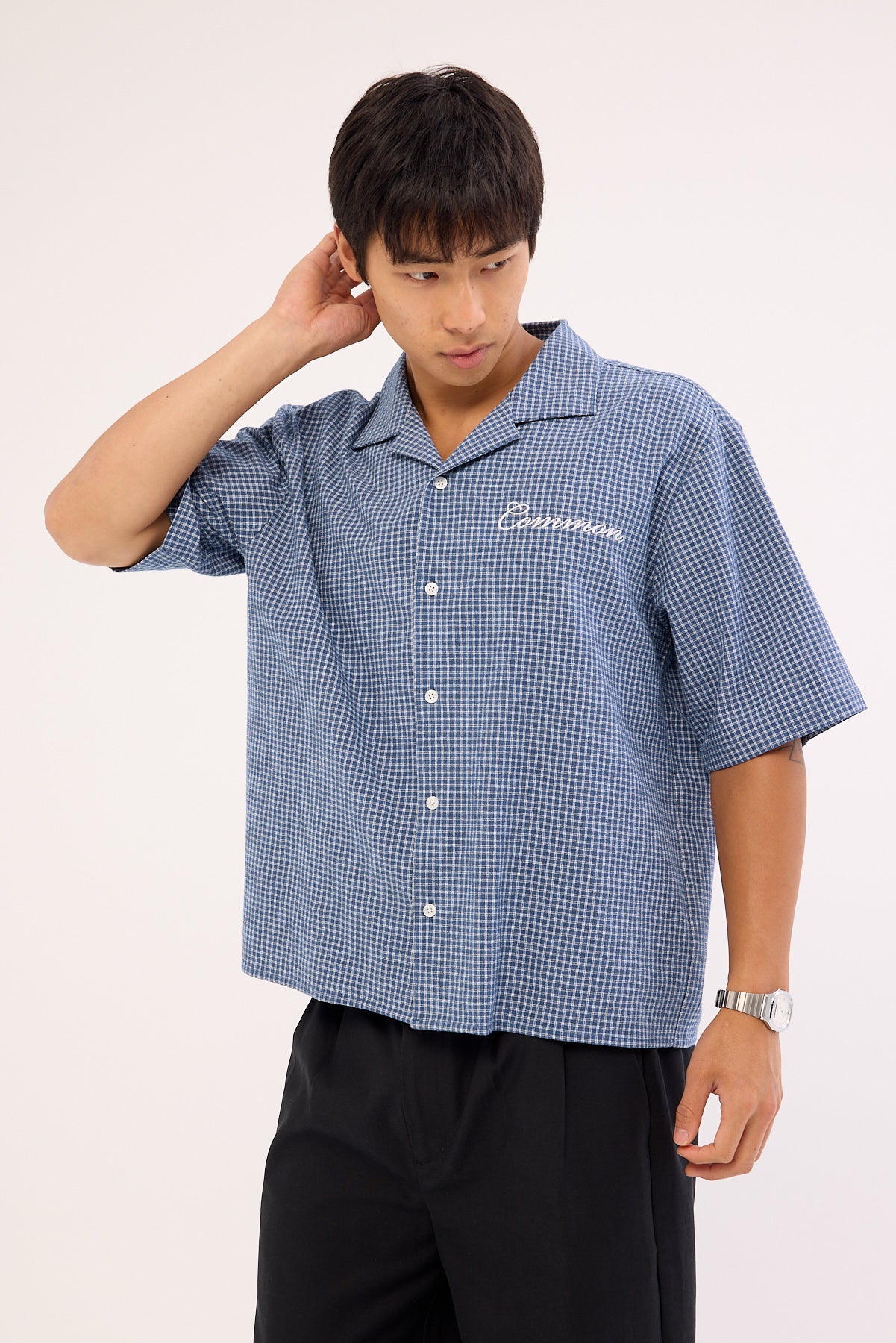 Common Need Flintmore Boxy Cropped Resort Shirt Blue Check