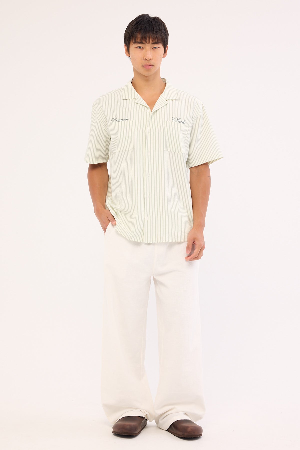 Common Need Yorick Seersucker Resort Shirt Sage Stripe