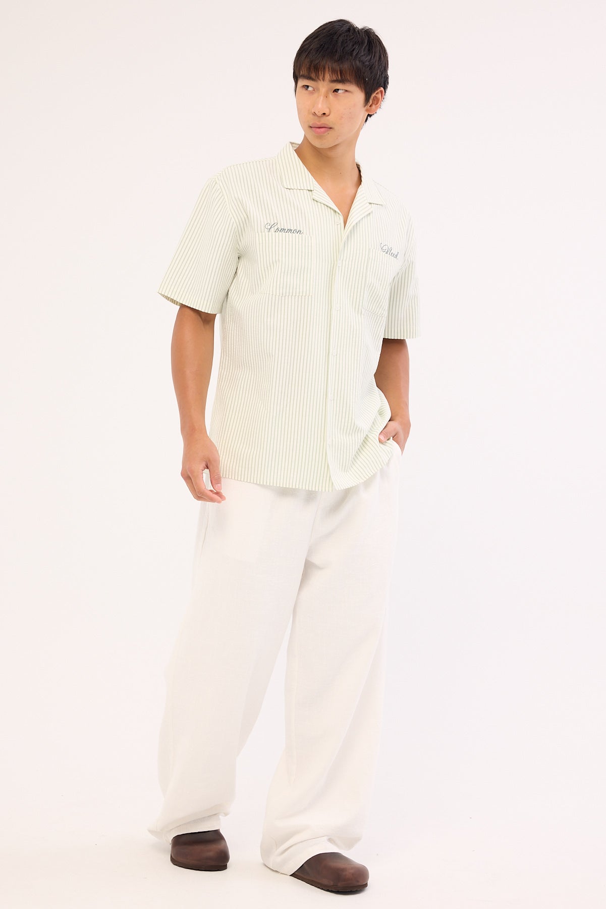 Common Need Yorick Seersucker Resort Shirt Sage Stripe