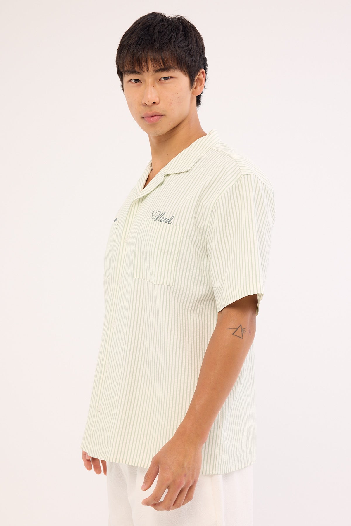 Common Need Yorick Seersucker Resort Shirt Sage Stripe