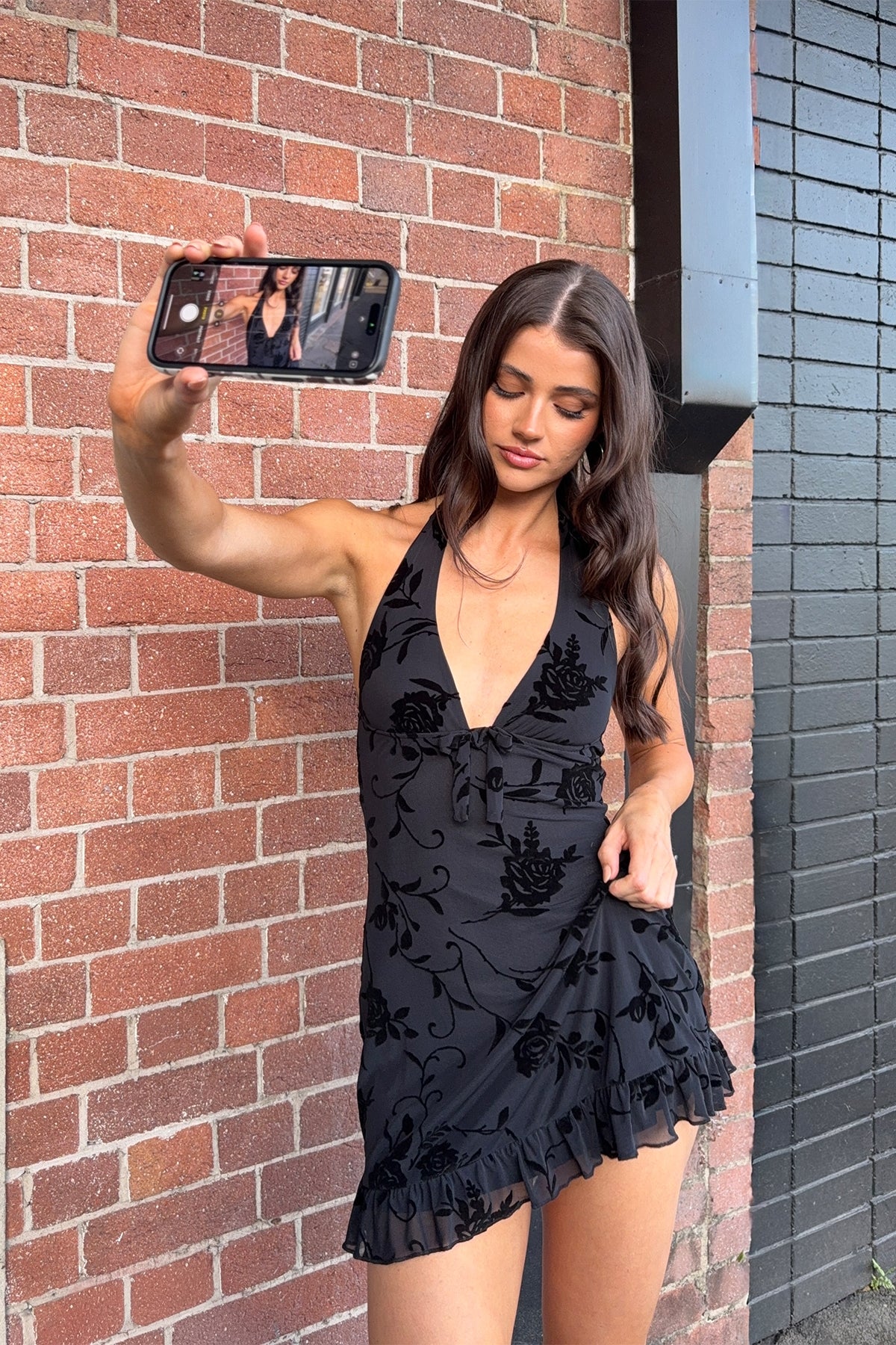 Motel Motya Halterneck Mini Dress Floral Rose Flocked Black