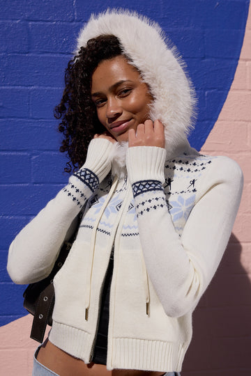Rusty Yah Yah Fur Zip Through Hood Knit Cream