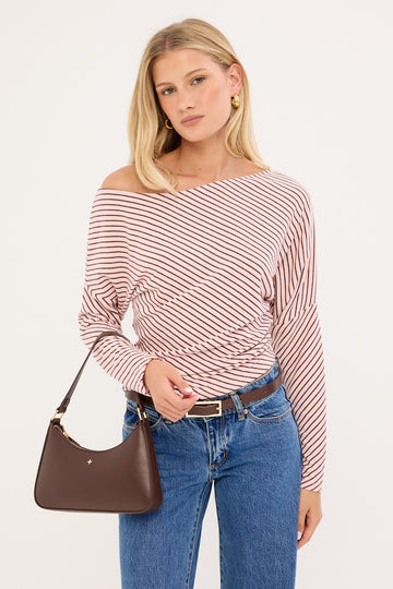 Luck + Trouble Stripe Off Shoulder Long Sleeve T-shirt Pink and Burgundy