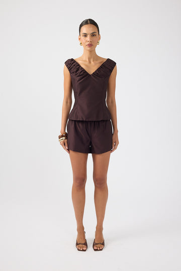 Perfect Stranger Kelly Gathered Mid Rise Shorts Brown