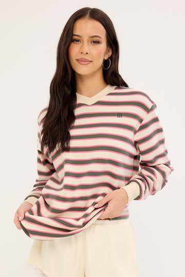Perfect Stranger Francis Stripe V-Neck Rugby Pink/ Khaki Stripe