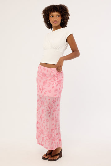 Luck + Trouble Adelyn Beaded Sequin Maxi Skirt Pink