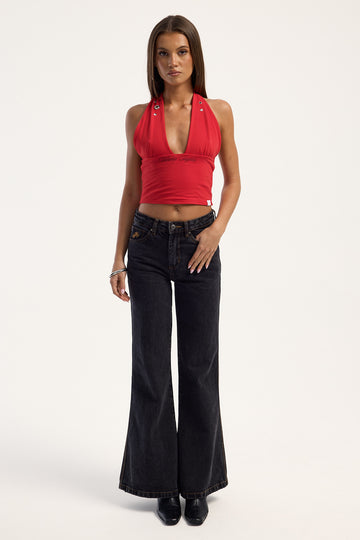 Worship Drop Kick Flare Jean Black Rinse
