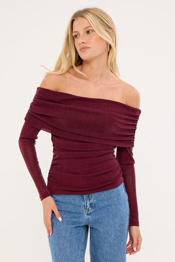 Luck + Trouble Bella Off Shoulder Long Sleeve Top Burgundy
