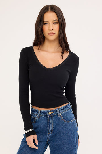 L&t Lace Trim Long Sleeve V Neck T-shirt Black
