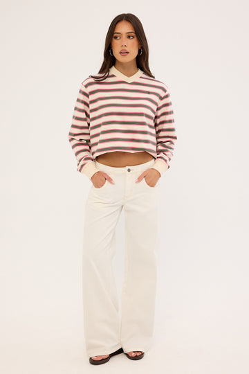 Rusty Flip Mommy Low Rise Wide Leg Jean WHITE/PINK Denim