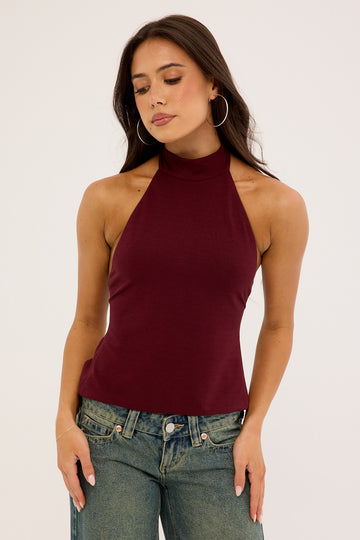 Luck + Trouble Rylan High Neck Jersey Top Burgundy