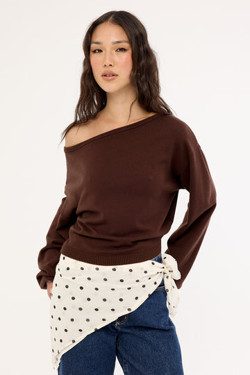 Luck + Trouble Kiki Slouched Off Shoulder Knit Chocolate