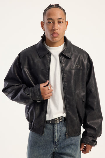 Neovision Cast Faux Leather Zip Through Jacket Washed Black
