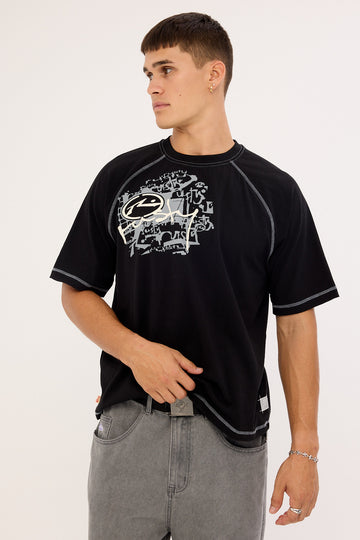 Rusty Riddle Me This Stripe Cropped Raglan Tee Black