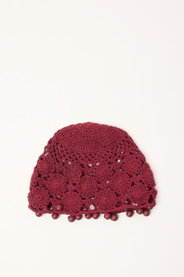 Token Crochet Flower Knitted Beanie Burgundy