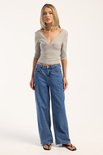 Perfect Stranger Petite Mid Rise Baggy Jean Mid Blue Denim