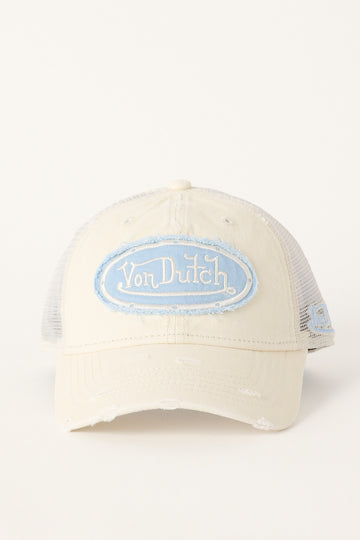 Von Dutch DISTRESSED UNSTRUCTURED TRUCKER CAP Ecru/Light Blue