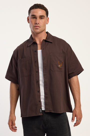 Thrills Seen & Heard Cropped Short Sleeve Work Shirt Postal Brown