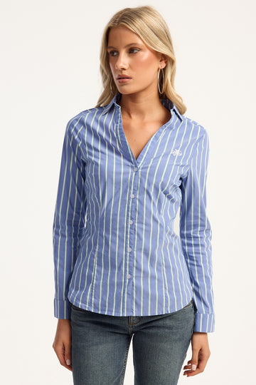 Worship Cherub Long Sleeve Fitted Shirt Blue Stripe