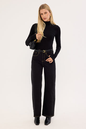 Perfect Stranger Petite Mid Rise Baggy Jean Washed Black