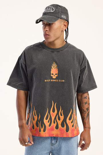 Billy Bones Club Burning Skull Boxy Tee Washed Black/Flame