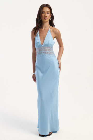 Luck + Trouble Rietta Lace Halter Maxi Dress Ice Blue