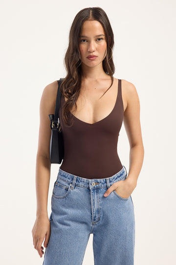 Luck + Trouble Darcy Plunge Bodysuit Brown
