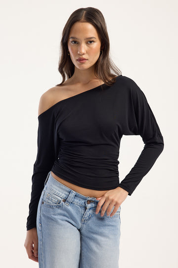 Luck + Trouble Leni Off Shoulder Long Sleeve T-shirt Black