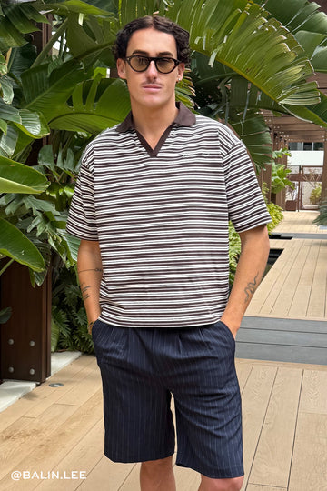 Common Need Porto Boxy Cropped Polo Brown/White Stripe