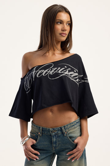 Neovision Outline Crop Off Shoulder Tee Black