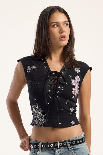 Neovision Sakura Ryu Lace up Baby Tee Black