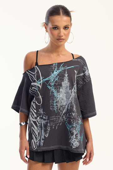 Neovision Extinction Off Shoulder Relaxed Tee Washed Black