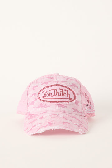 Von Dutch Distressed Unstructured Trucker Cap Pink Camo