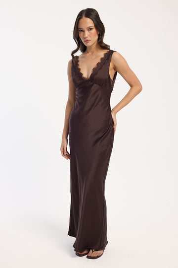 Perfect Stranger Evoke Satin Maxi Dress Brown