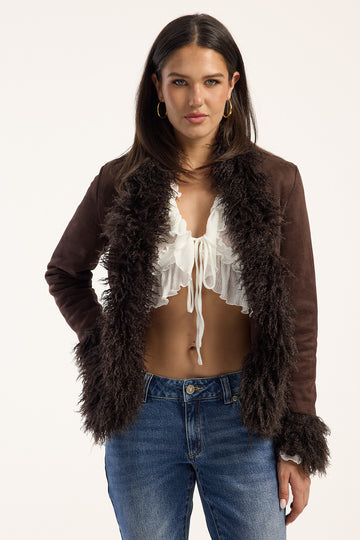 Lioness Universal Faux Fur Suede Coat Chocolate