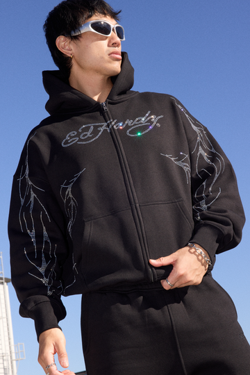 Ed Hardy Cyber Rhinestone Zip Up Boxy Hoodie Black