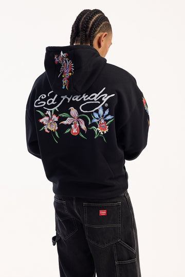 Ed Hardy Floral Zip Up Boxy Hoodie Black