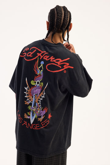 Ed Hardy Dragon Dagger Boxy Tee Washed Black
