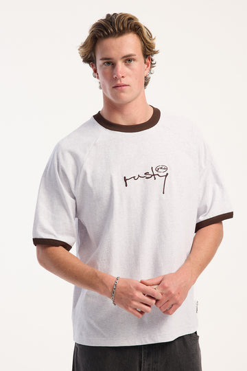 Rusty Catching Up Cropped  Ringer Tee Ecru Marle