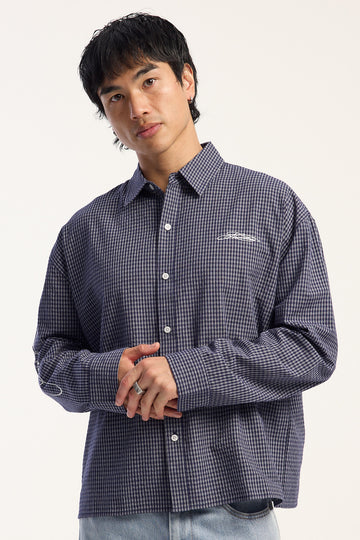 Neovision Calligraphy Cropped Long Sleeve Shirt Navy Check