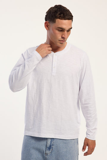 Common Need Raymond Slub Long Sleeve Henley Tee White