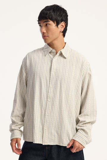 Common Need Dock Relaxed Long Sleeve Shirt Off White/Blue Stripe